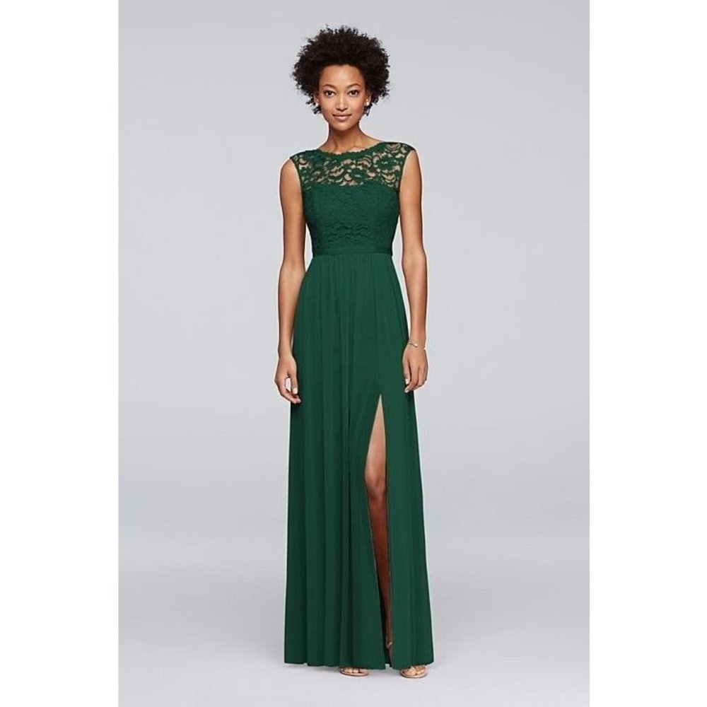 NWT Davids Bridal Women’s Size 16 Formal Dress Juniper Green Lace Slit